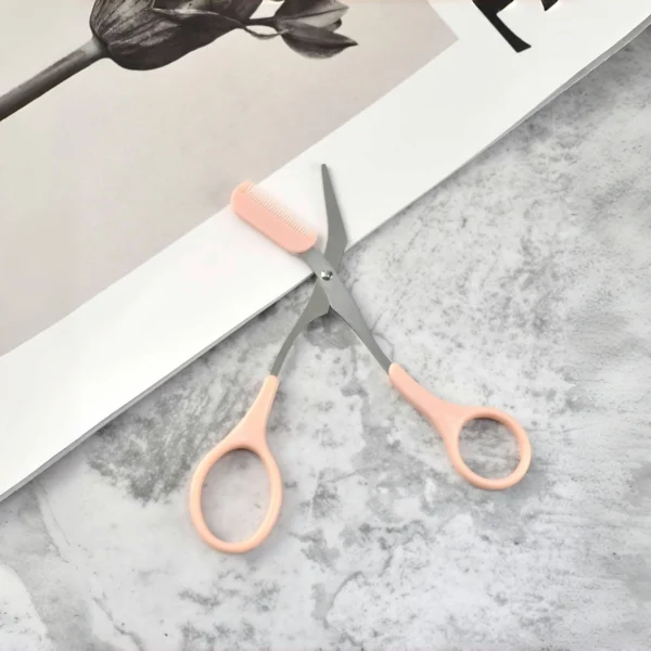 pink eyebrow trimming scissors with built in comb stainless steel, precise grooming tool, creating perfect eyebrows