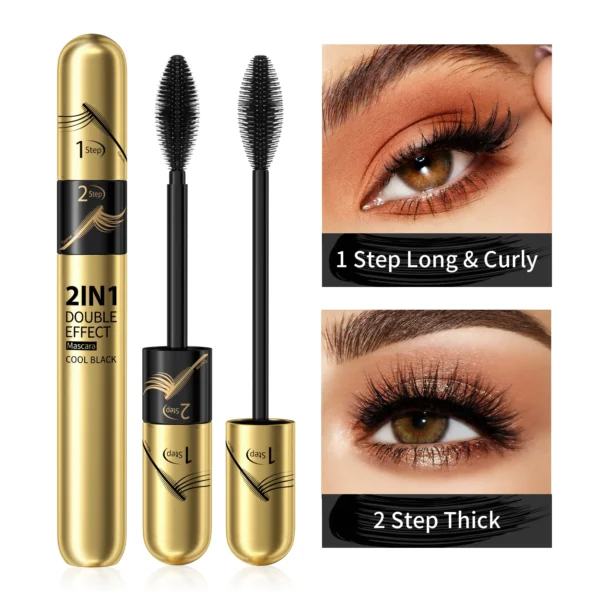 two in one fiber mascara, waterproof, thick and long lasting, without smudging, long and curling
