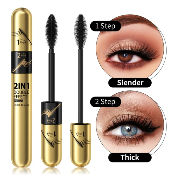 two in one fiber mascara, waterproof, thick and long lasting, without smudging, long and curling