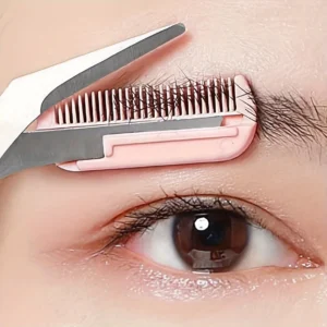 pink eyebrow trimming scissors with built in comb stainless steel, precise grooming tool, creating perfect eyebrows